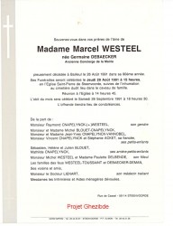Germaine DEBAECKER veuve de Marcel WESTEEL, décédée à Bailleul, le 26 Août 1991 (89 ans).